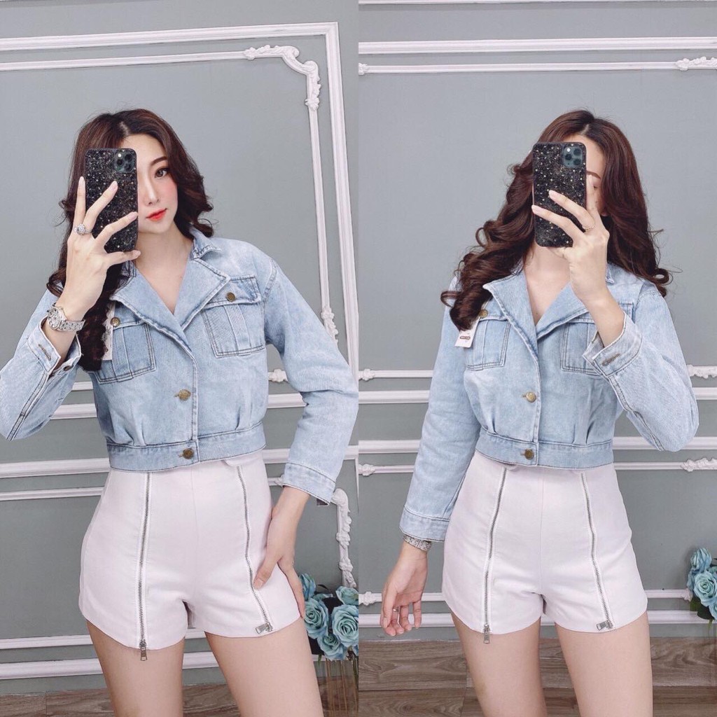 Áo Khoác Bò Jeans Lửng Croptop Nữ Cao Cấp Cổ Vest Phối Túi Siêu Đẹp -ảnh kèm video thật- Hàng có sẵn | BigBuy360 - bigbuy360.vn