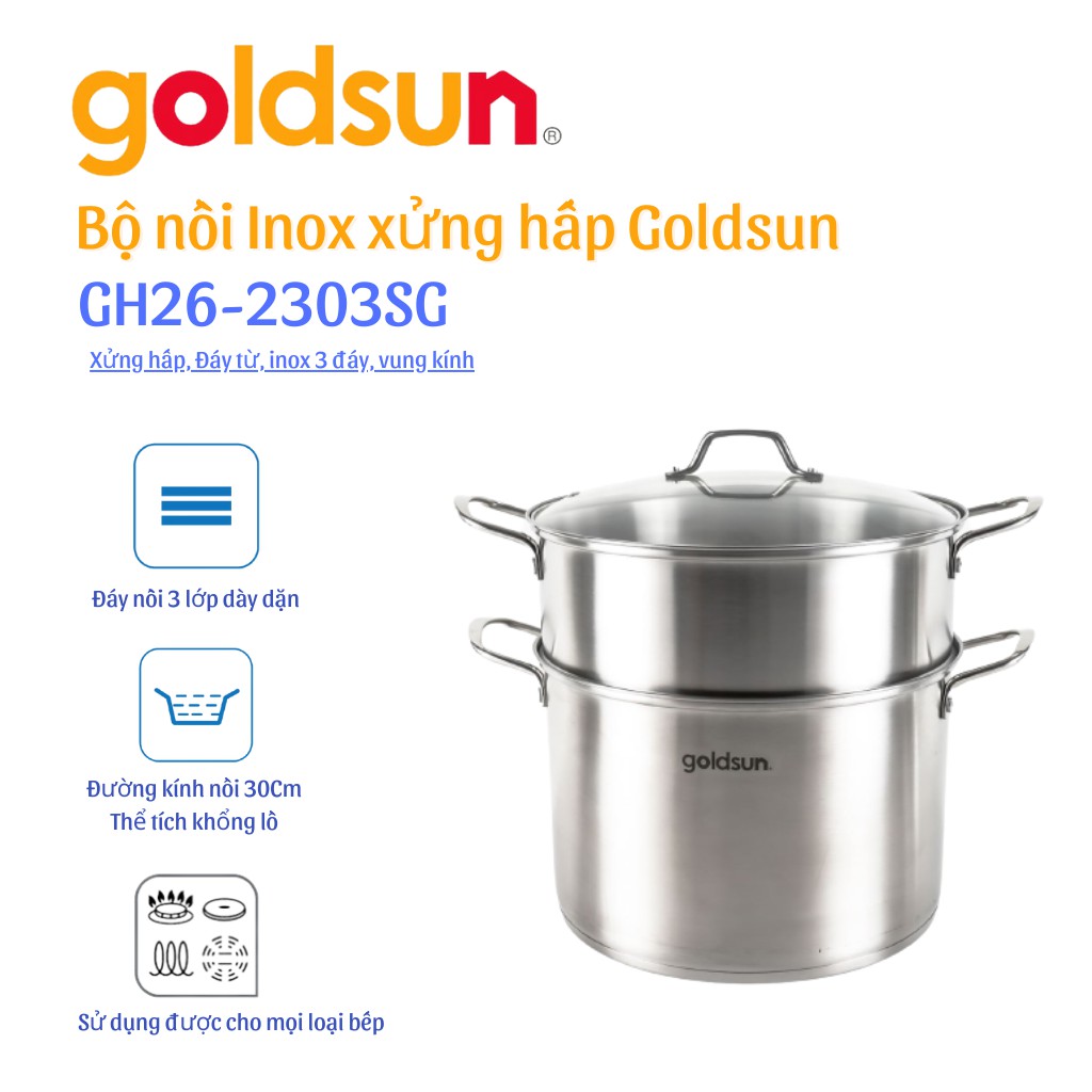 Bộ 1 nồi 1 xửng hấp inox 304 đáy từ Goldsun GH26-2303SG