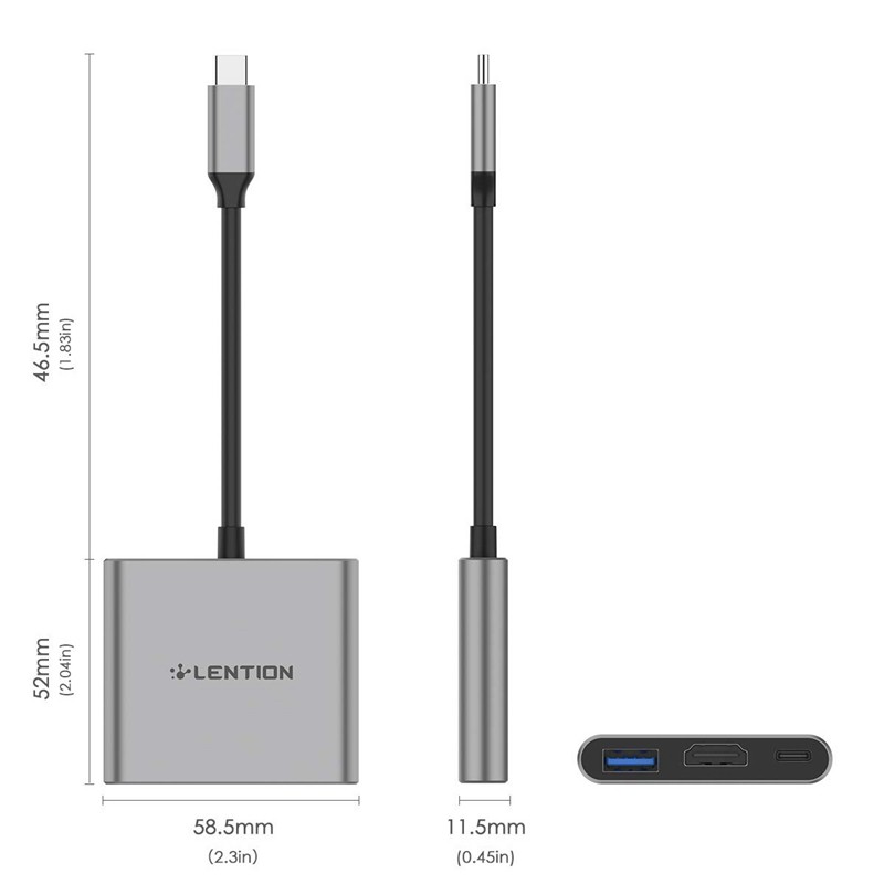 Hub chuyển đổi LENTION C14 3 trong 1 từ USB C 100W gồm cổng Type-C USB 3.0 và HDMI 4K cho ChromeBook