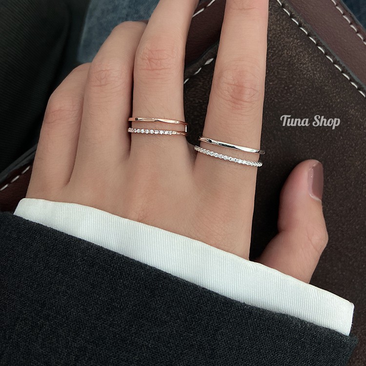 Nhẫn Bạc gắn đá 2 tầng, Nhẫn bạc nữ xinh cao cấp TUNA SILVER Trang sức Bạc
