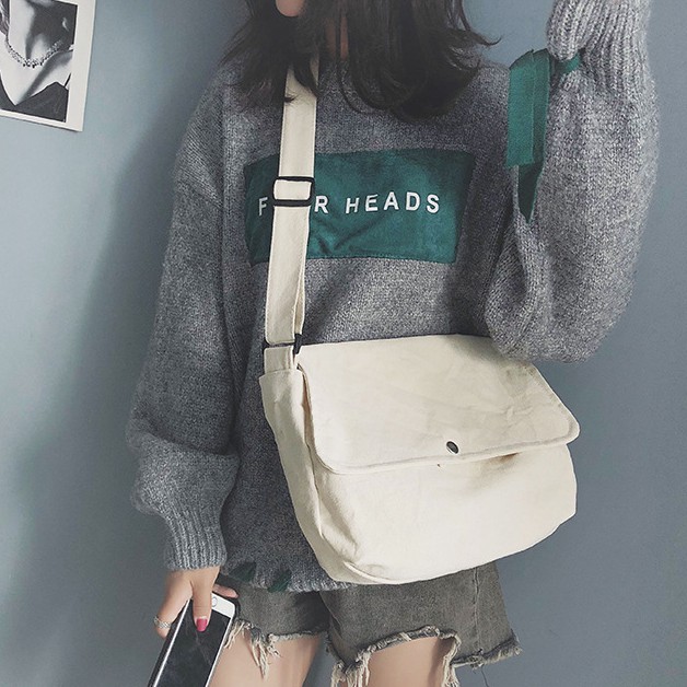 TÚI TOTE ĐEO CHÉO CÓ NẮP UNISEX NAM NỮ - VẢI DỆT CANVAS [ CÓ TÚI CON] MÀU BE - ĐEN - PHONG CÁCH ULZZANG ( TCUL02)