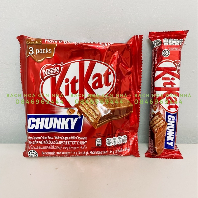 Bánh xốp phủ Sô cô la Kitkat Chunky gói 114g (3 thanh x 38g)