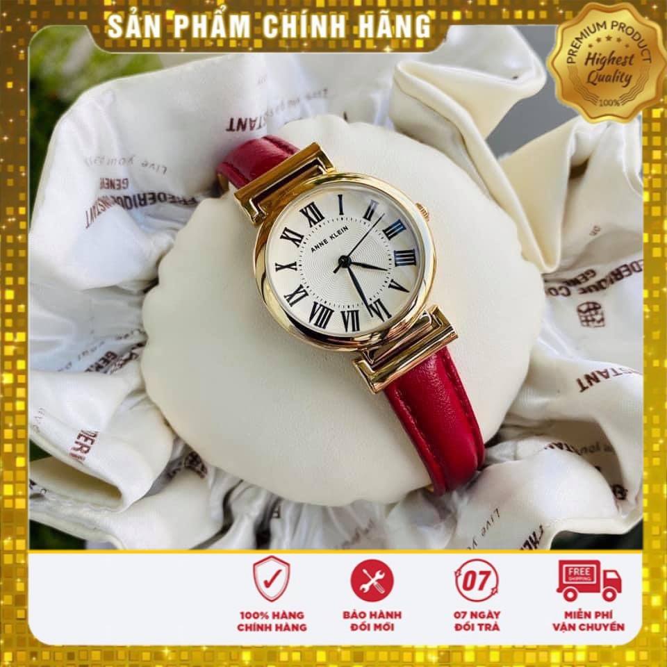 Đồng Hồ Nữ Anne Klein Dây Da Đỏ Mặt Đồng Hồ Tròn Kim Loại Cao Cấp