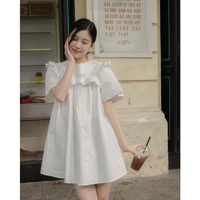 Váy babydoll dáng xoè - Đầm trắng babydoll ngắn cộc tay