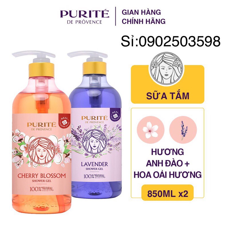 ComBo 2 sữa Tắm purite 850 ml Hoa Anh Đào + Hoa Oải hương 850ml