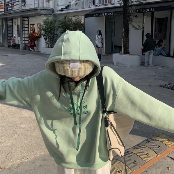 Áo hoodie ZHELIHANGFEI tay dài thêu họa tiết trái tim phong cách Nhật Bản ngọt ngào cho nữ