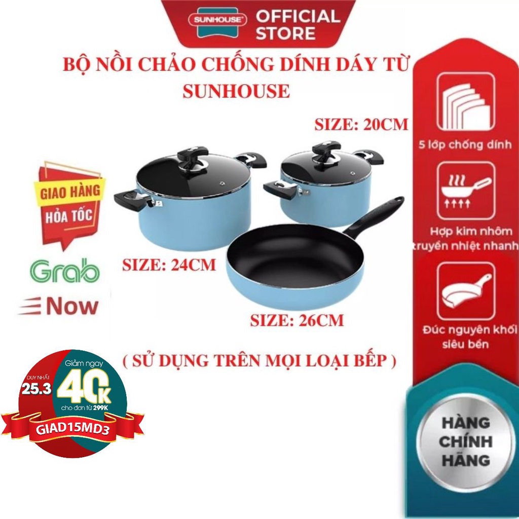 Bộ 3 Nồi Chảo Chống Dính Bếp Từ SUNHOUSE 20cm 24cm 26cm (dùng được trên mọi loại bếp) chính hãng bảo hành toàn quốc