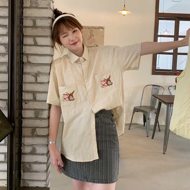 Áo sơ mi tay ngắn dáng rộng phong cách retro Pháp