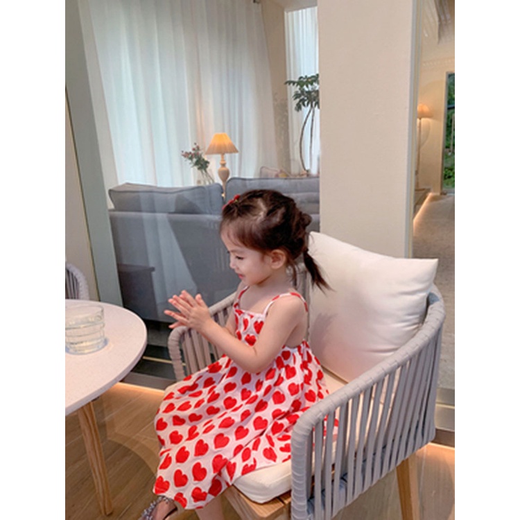 Đầm Hai Dây Mùa Hè Bằng Vải Cotton Nhẹ In Họa Tiết Hoa Màu Đỏ Và Tím Cho Bé Gái 3-8 Tuổi
