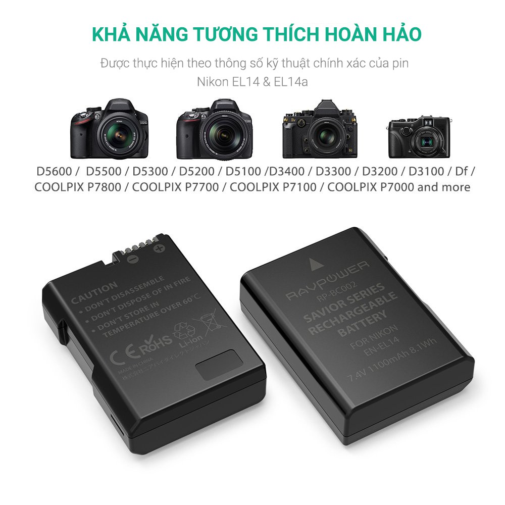 Pin máy ảnh Nikon EN-EL14 chính hãng RAVPower RP-BC002, bộ 2 pin 1100 mAh