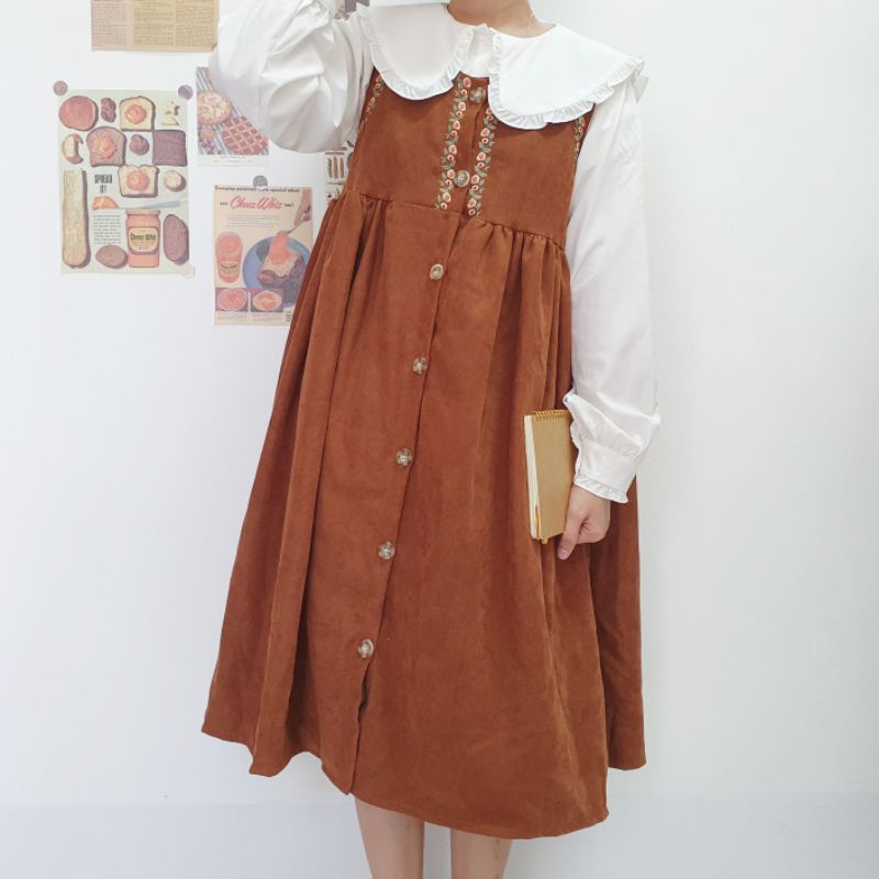Đầm Yếm Nhung Dáng Dài Babydoll Thêu Hoa - Penguin House