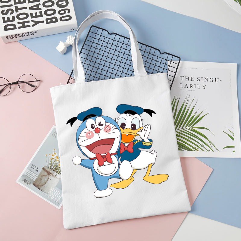 Túi tote vải trắng đeo vai DORAEMON CUTE MÈO MÁY THÔNG MINH phong cách in hình anime chibi dễ thương thời trang