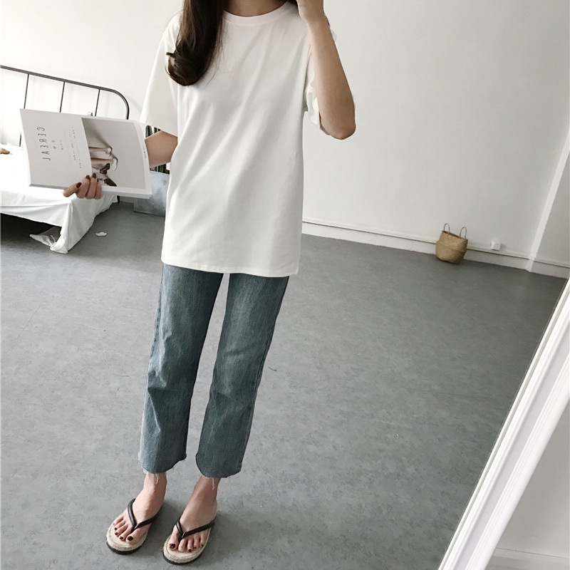 Áo Thun Tay Ngắn Màu Sắc Đơn Giản Phong Cách Hàn Quốc