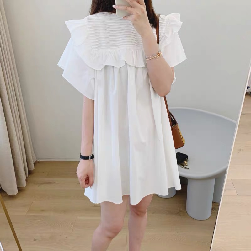 Váy đầm xếp ly quảng châu dáng ngắn, Đầm trắng dự tiệc tiểu thư cổ bèo dễ thương kiểu hàn | BigBuy360 - bigbuy360.vn