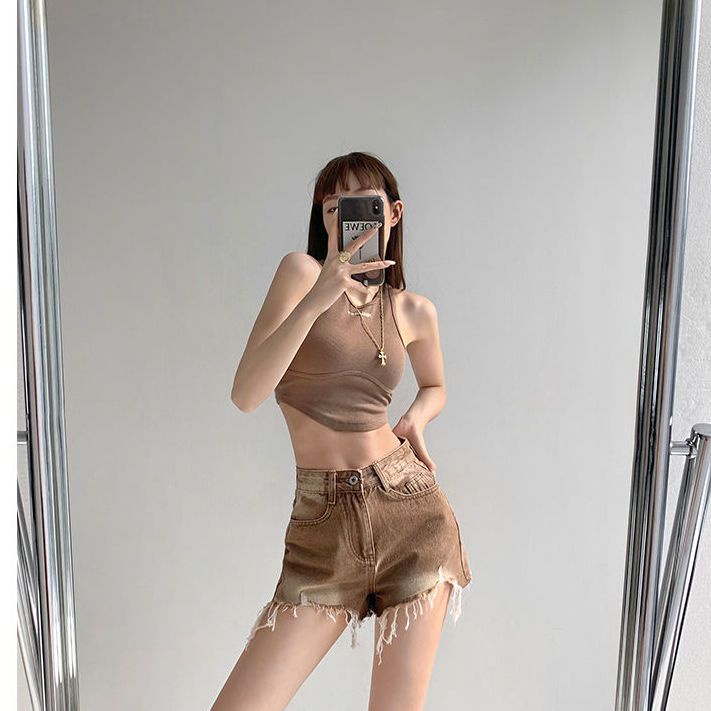 Jiashucheng Quần Short Denim Lưng Cao Ống Rộng Phối Rách Kiểu Retro Mỹ Thời Trang Mùa Hè Cá Tính