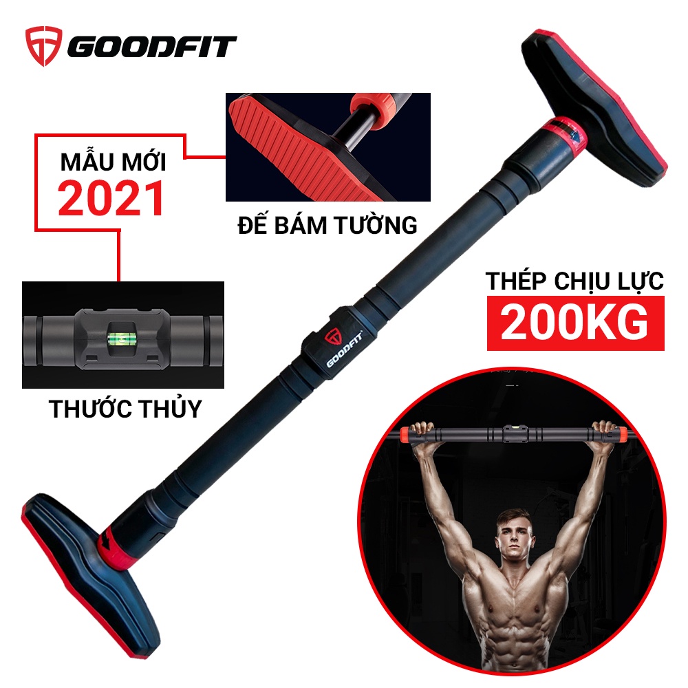 Xà đơn gắn cửa, treo tường thép chịu lực có thước thăng bằng GoodFit GF201PU (model 2021) + quà tặng
