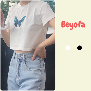 Áo Croptop Nữ Thêu Hình Con Bướm - Áo Thun Ngắn Nữ Cộc Tay 2 Màu