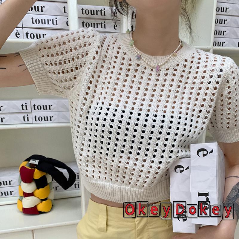 Áo Dệt Kim Tay Ngắn Cổ Tròn Màu Trơn Thiết Kế Khoét Lỗ Thời Trang Mùa Hè Cho Nữ
