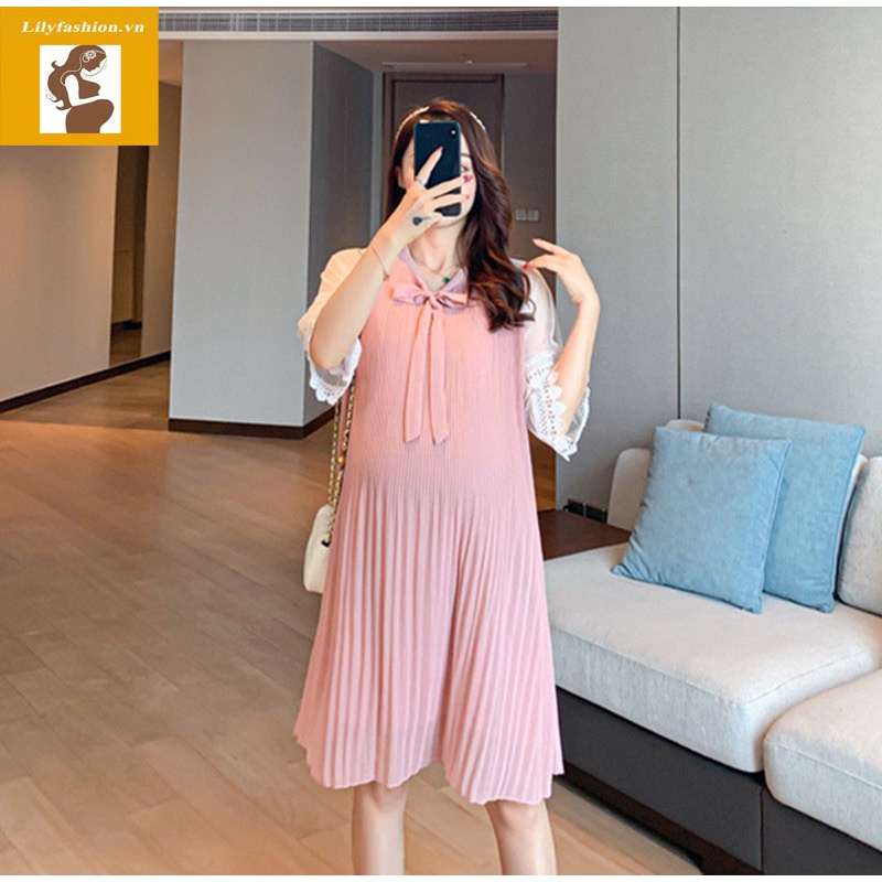 Váy đầm bầu hồng xếp ly phối tay voan thiết kế cho mẹ bầu công sở, dự tiệc lịch sự trẻ trung mới mùa hè thoáng mát
