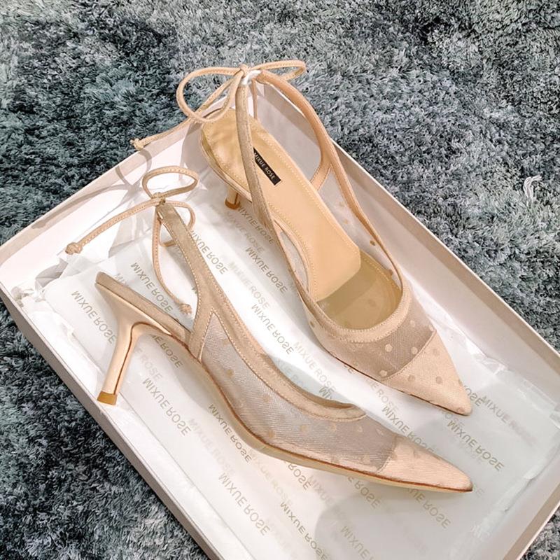 Giày Cao Gót Mũi Nhọn Cột Dây Hở Lưng Họa Tiết Chấm Bi Phong Cách Pháp 2022 Thời Trang Cho Nữ
