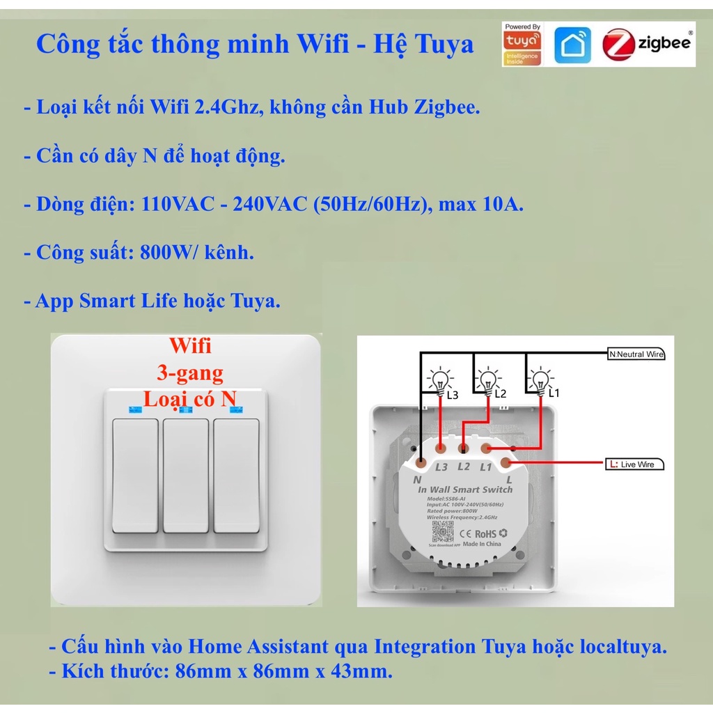 Công tắc thông minh Wifi, chuẩn Châu Âu 86x86 mm, hệ sinh thái Tuya / Smart Life -