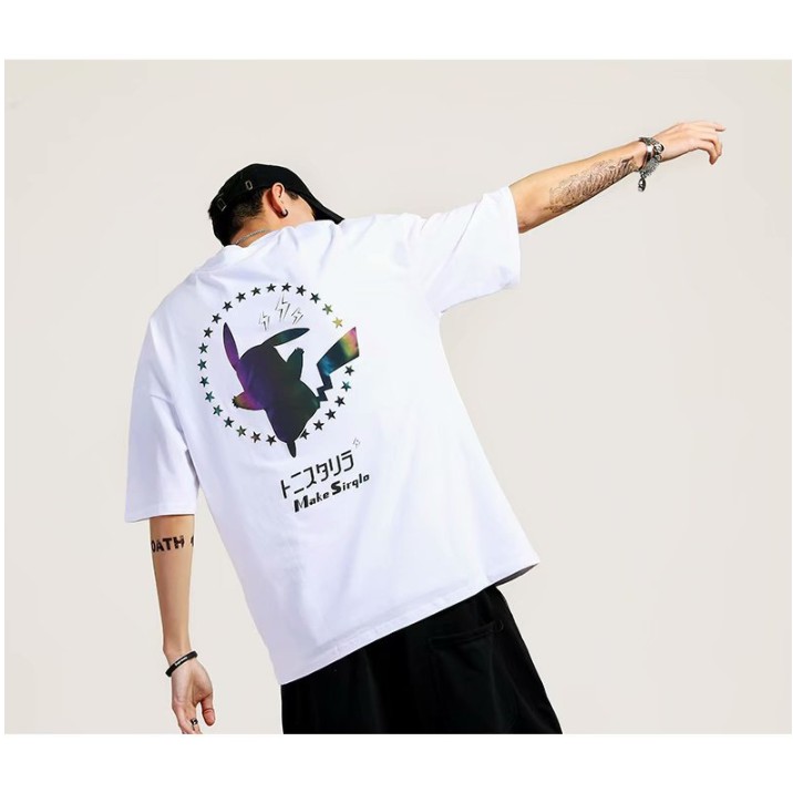 Áo Thun Form Rộng Unisex Nam Nữ Tay Lỡ PIKA STAR Áo Phông StreetWear Cotton Oversize Giá Rẻ In Hình Phản Quang