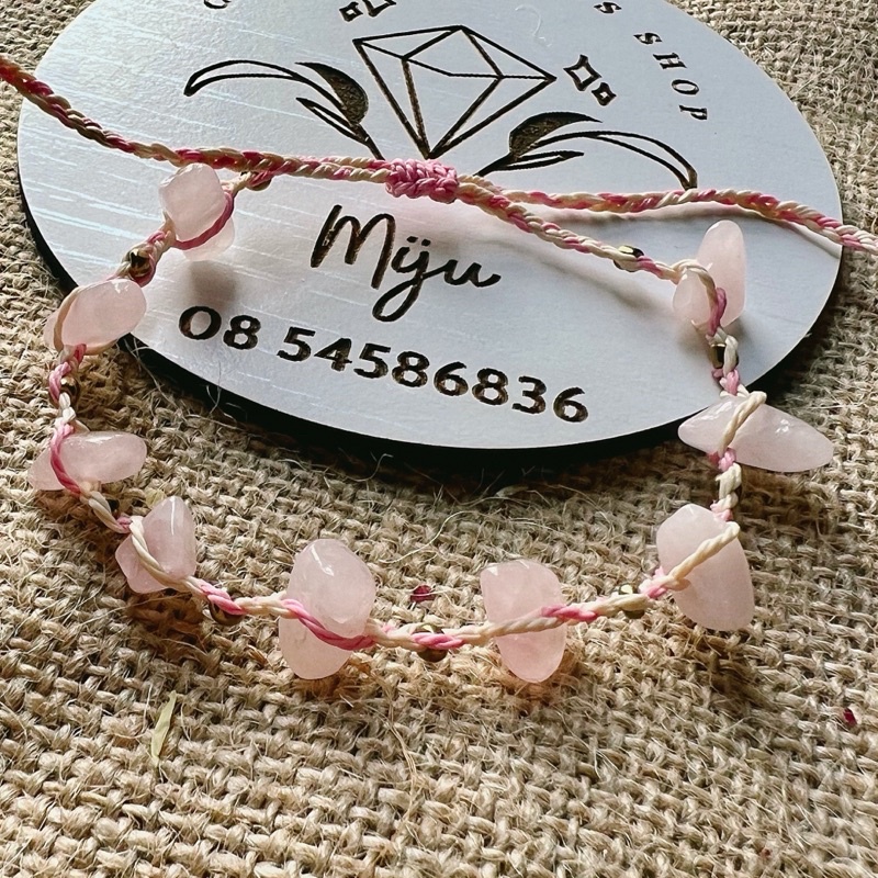 Vòng tay handmade đan dây đá thô màu hồng Rose Quartz