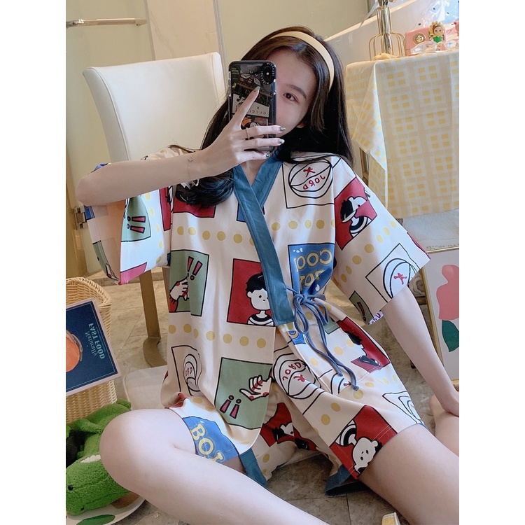 SUSQ002 Bộ Pijama kiểu Nhật yukata lụa cộc tay buộc dây Đồ Ngủ Kimono nữ đẹp mặc nhà phi bóng thắt eo quần lửng ngắn hot | BigBuy360 - bigbuy360.vn
