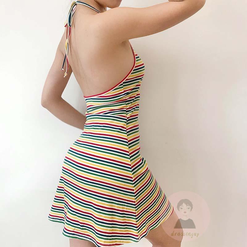 Đầm Ngắn Hai Dây Hở Lưng In Họa Tiết Kẻ Sọc Phối Hàng Nút Trước Cho Nữ