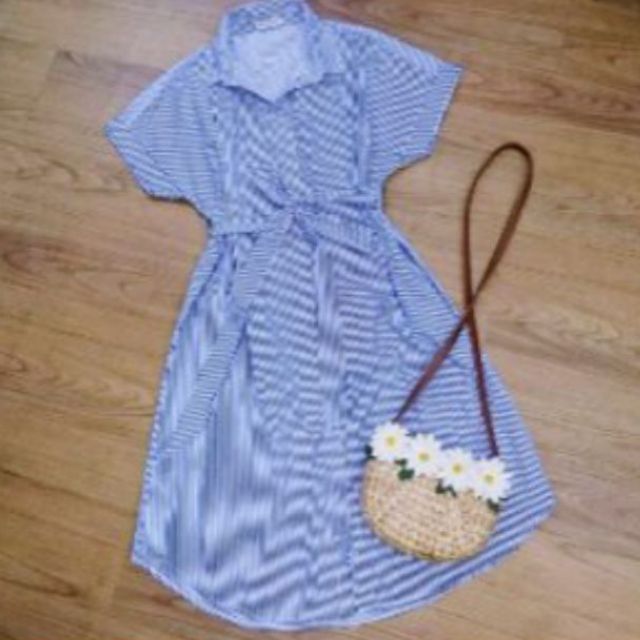 Đầm sọc sơ mi cột eo