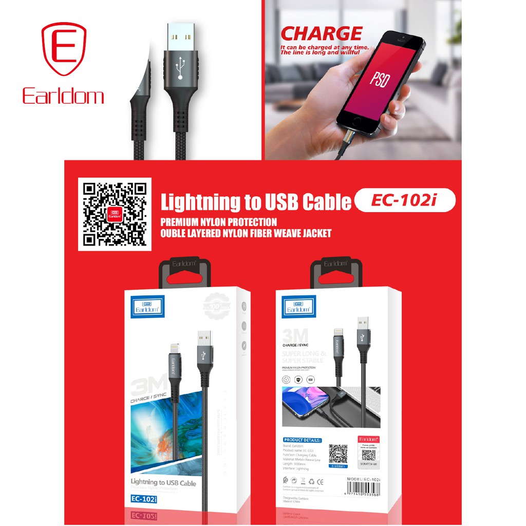 Cáp sạc bọc dù, hỗ trợ sạc nhanh 2.5A Earldom EC – 102 chính hãng
