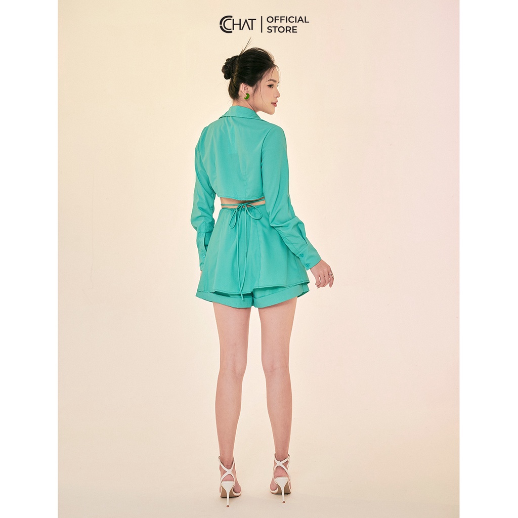 Set Đồ Nữ 𝐂𝐂𝐇𝐀𝐓 Áo Sơ Mi Cut Out Eo Quần Short Chất Thô Cao Cấp 22BDT2002OT