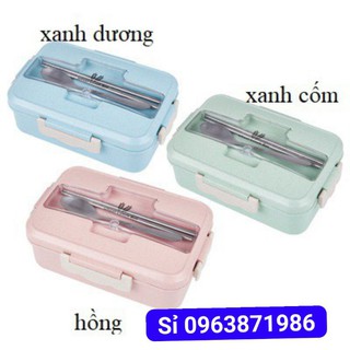 Hộp cơm lúa mạch, hộp đựng thức ăn, 3 ngăn tặng kèm thìa và đũa inox đồ dùng nhà bếp