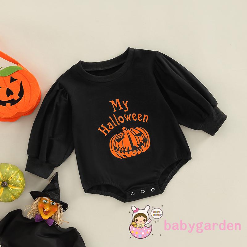 Bộ Áo Liền Quần Tay Phồng Cổ Tròn In Chữ Và Quả Bí Ngô Thời Trang Halloween Cho Bé 0-24 Tháng Tuổi