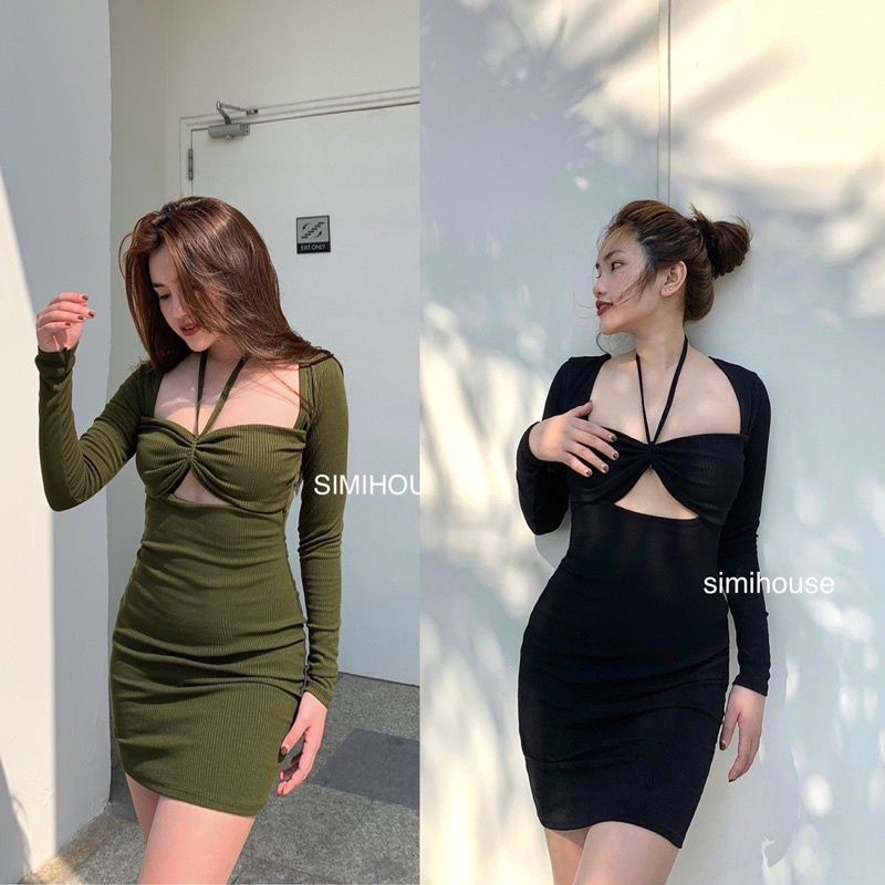 Đầm body 2 dây cột cổ khoét ngực tay dài ( kèm ảnh thật)