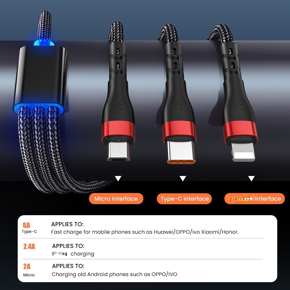 Dây cáp sạc MIONE 3 trong 1 66W Micro USB Type C 5A lớp ngoài bện thích hợp cho iPhone Samsung Xiaomi