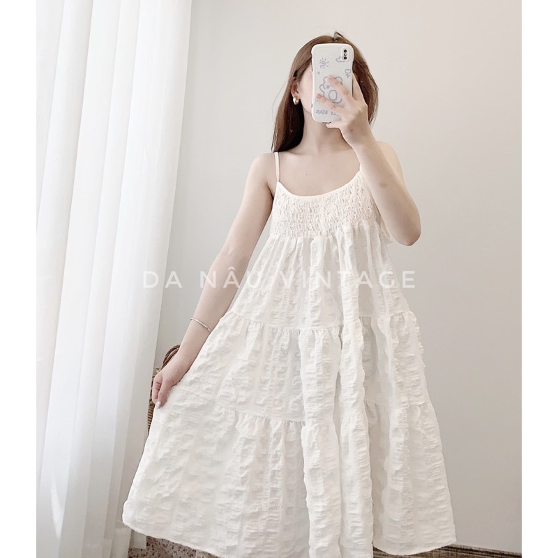 váy, đầm dây babydoll màu trắng công chúa bồng bềnh (cam kết ảnh shop chụp thật 100%)