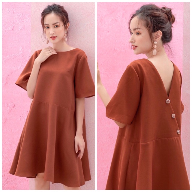 Đầm váy cam đất xoè nút sau