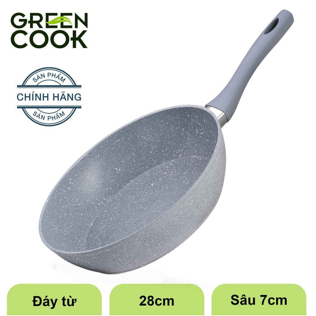 Chảo đáy từ vân đá chống dính GreenCook 22 - 24 - 26 - 28 - 30 cm tay cầm chịu nhiệt - Hàng chính hãng