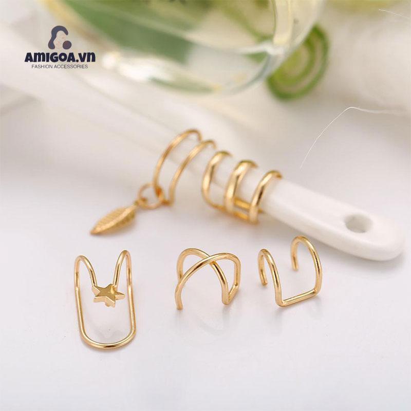 Set 5 Khuyên Tai Kẹp Chữ U Hai Lớp Sáng Tạo Không Xỏ Lỗ Tai