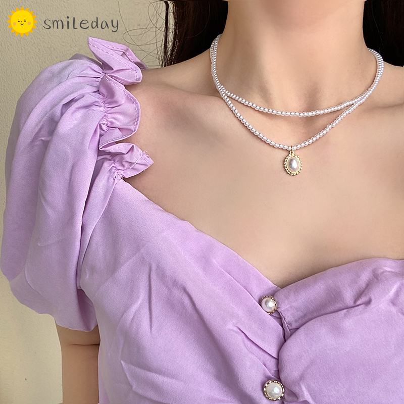 Vòng cổ choker Smileday nhiều lớp đính ngọc trai đơn giản thời trang