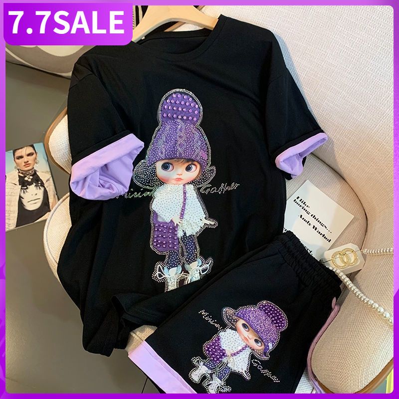 Trang phục áo thun tay ngắn và quần short ống rộng mỏng in hình cô gái đội mũ màu tím kiểu mùa hè cho nữ