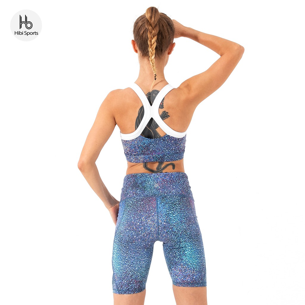 Set đồ tập yoga nữ Hibi Sports H121, áo bra thể thao phối trắng, quần legging đùi lưng cao, kèm mút nâng ngực