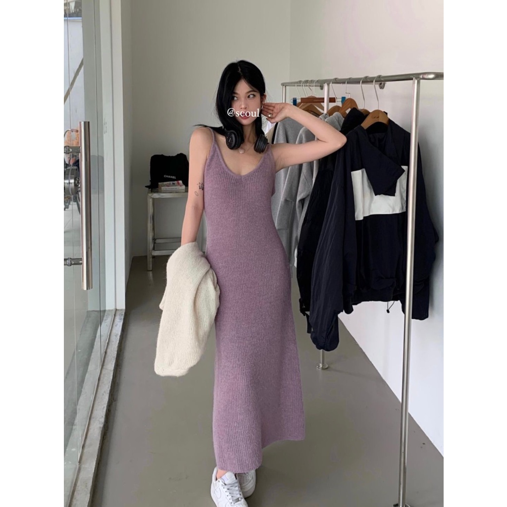 「MOTEL7」Đầm Dệt Kim Hai Dây Màu Tím + Áo Khoác Sweater Dệt Kim Dáng Rộng Mỏng Tay Dài Dây Mỏng Dễ Phối Đồ