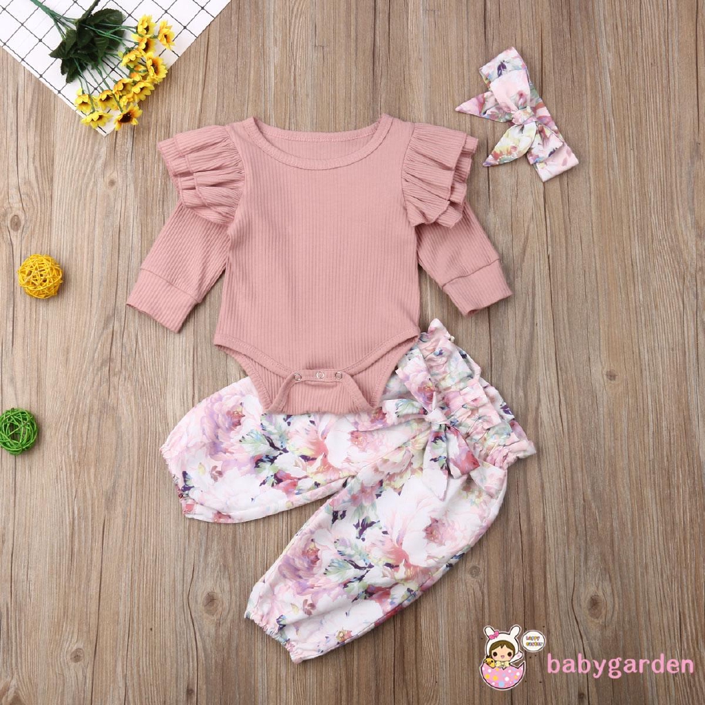 Set áo liền quần + Quần short + Băng đô họa tiết hoa dễ thương cho bé gái