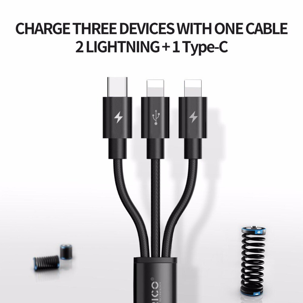 Dây cáp sạc ORICO UTS2-12 UTS2 3 trong 1 USB thích hợp cho iPhone Samsung Xiaomi Huawei với 2 giao diện cổng type C