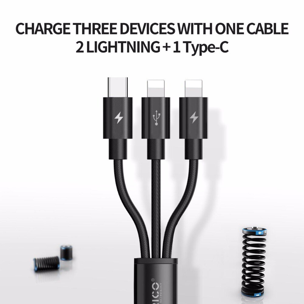 Dây cáp sạc ORICO UTS2-12 UTS2 3 trong 1 USB thích hợp cho iPhone Samsung Xiaomi Huawei với 2 giao diện cổng type C 