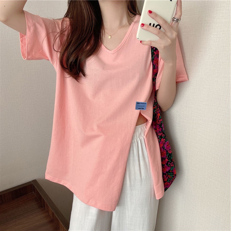 Áo Thun Tay Ngắn Cổ Chữ v Form Rộng Thiết Kế Xẻ Tà Phong Cách Mới