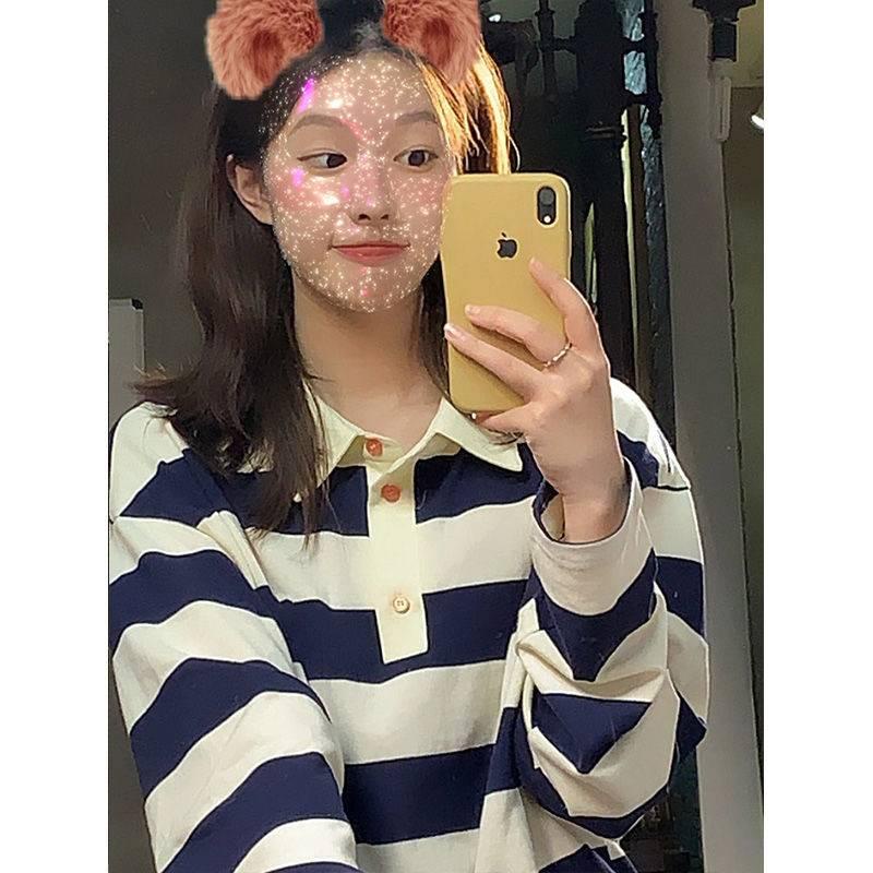 Áo polo tay dài dáng rộng họa tiết kẻ sọc phong cách vintage thời trang xuân thu cho nữ