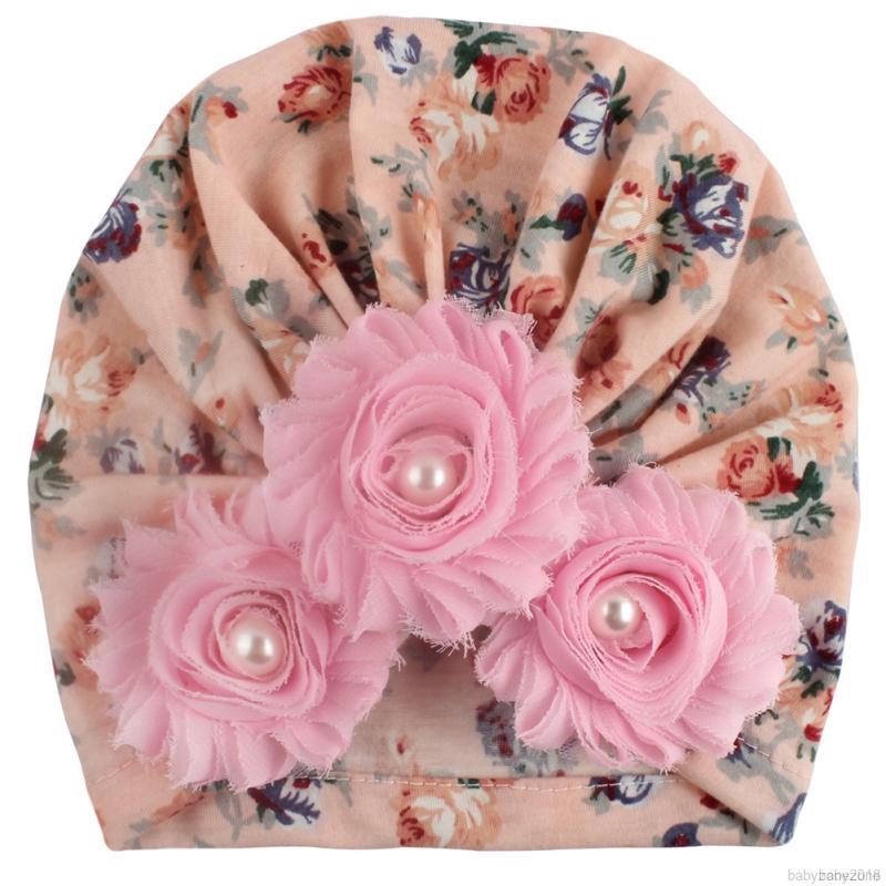 Mũ thun Turban đính hoa và ngọc trai cho bé gái sơ sinh